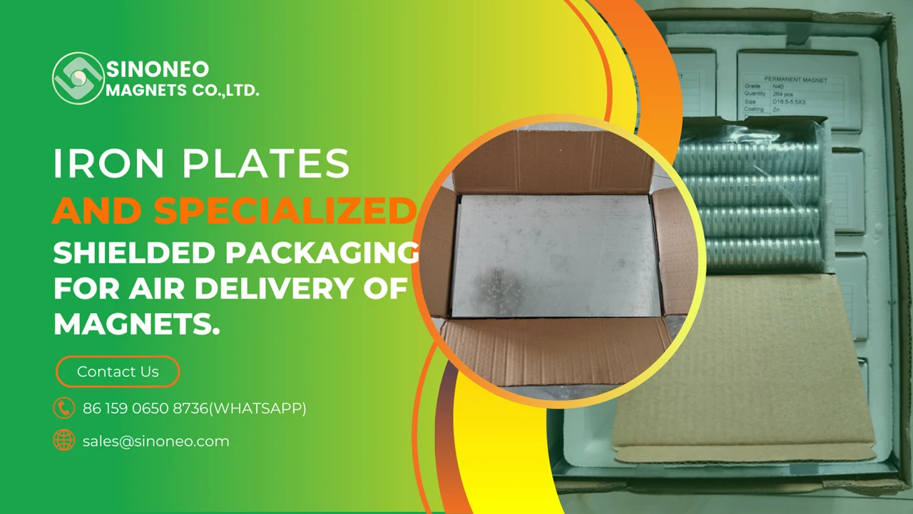 Iron plates and specialized shielded packaging for air delivery of magnets